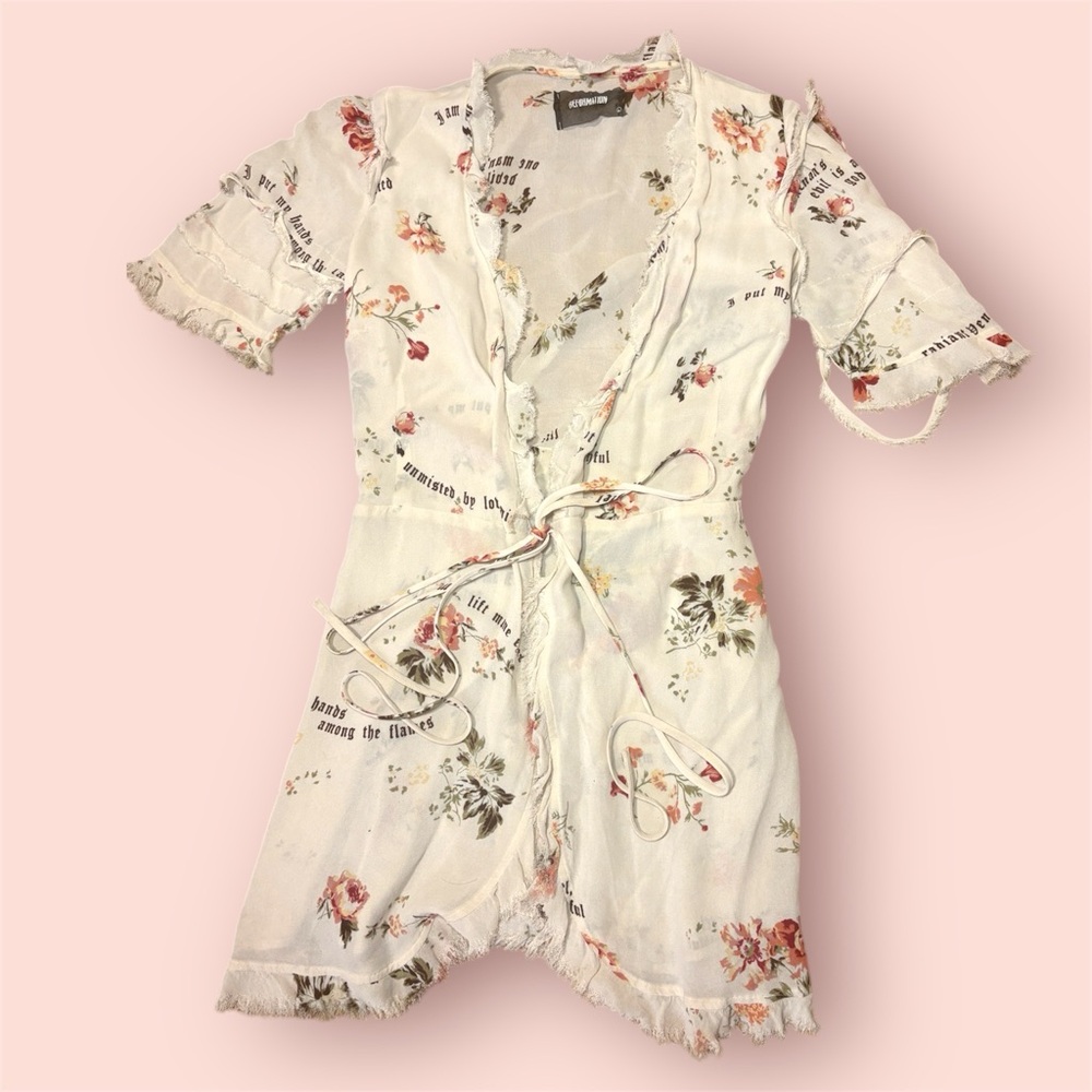 REFORMATION SHORT WRAP FLORAL WHITE DRESS WITH FRINGE RUFFLES